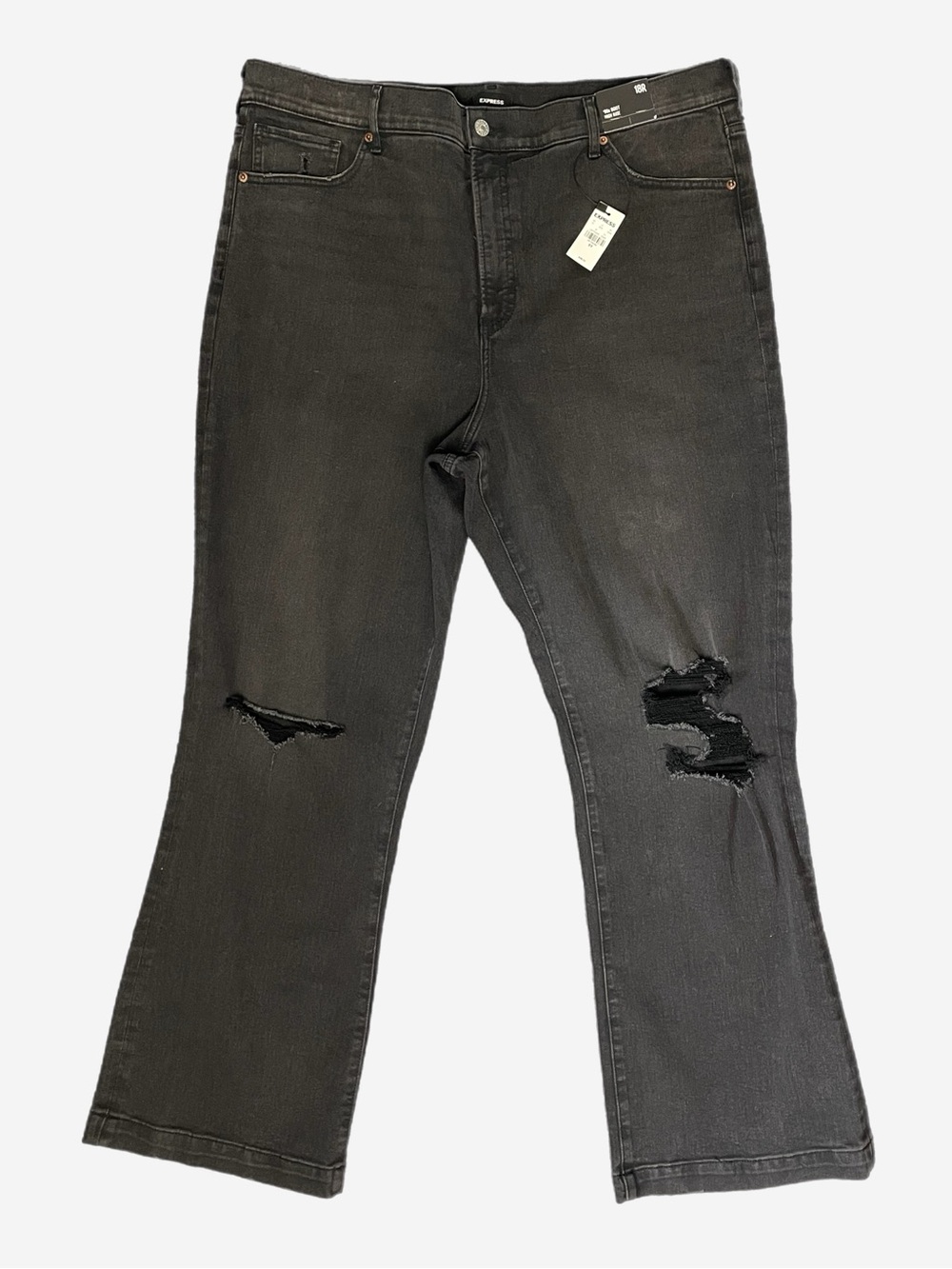 Express NWT Black High Waisted Distressed Ripped 90s Bootcut Jeans stretch 18R